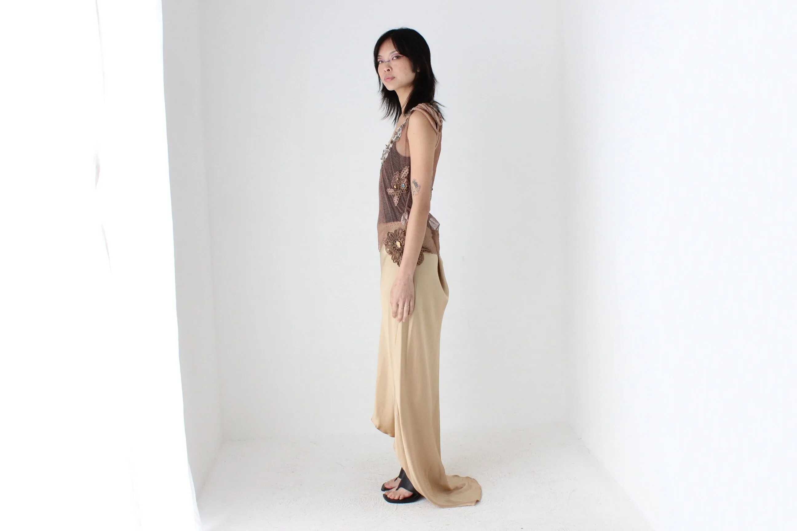 80s Pure Silk Neutral Nude Gold Bias Cut Maxi Skirt w/ Train