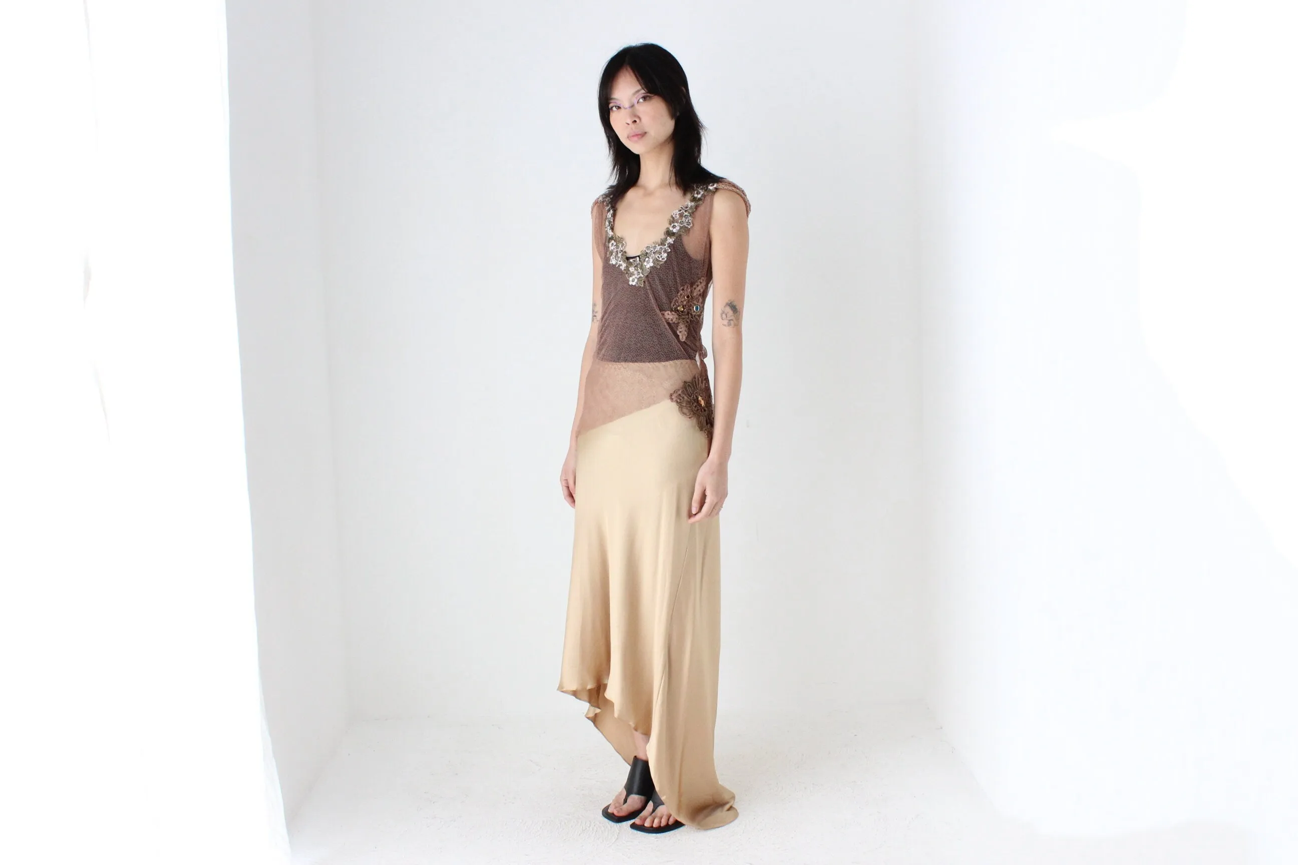 80s Pure Silk Neutral Nude Gold Bias Cut Maxi Skirt w/ Train
