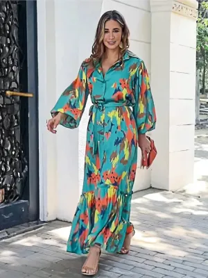 Aeliana - Fashionable Print Lapel Dress for Women