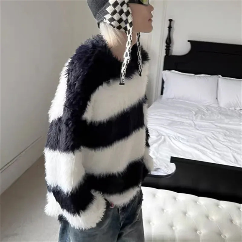 Aidase Autumn Winter Fashion Man Loose Sweater Casual O Neck Long Sleeves Solid Color With Stripes Outwear Sweater Clothing