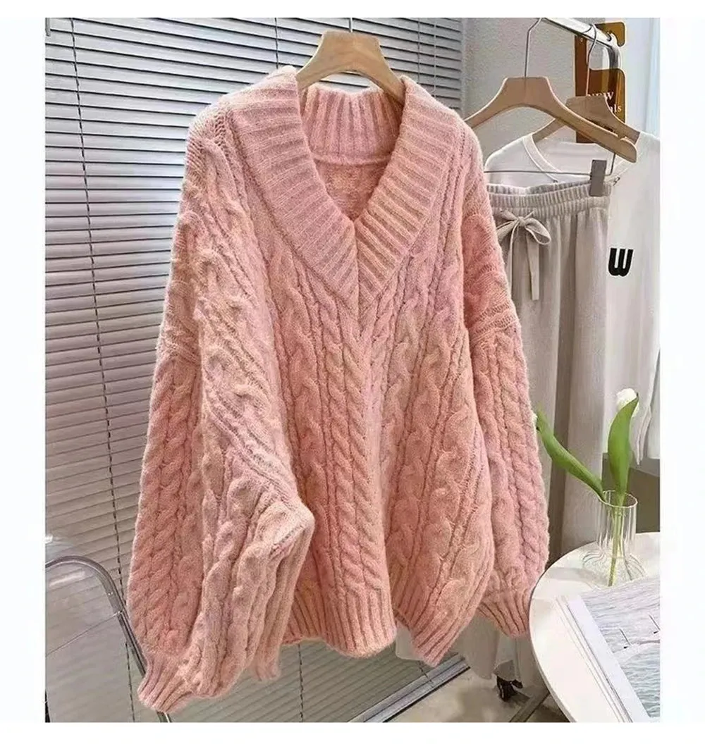 Aiertu FALL OUTFITS V-Neck Thickened Fried Dough Twists Sweater Autumn and Winter Loose Outwear Lazy and Gentle Design Small Warm Knit Top