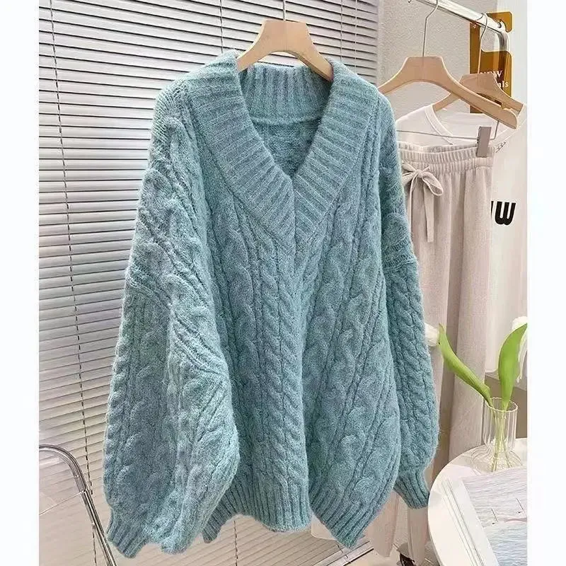 Aiertu FALL OUTFITS V-Neck Thickened Fried Dough Twists Sweater Autumn and Winter Loose Outwear Lazy and Gentle Design Small Warm Knit Top