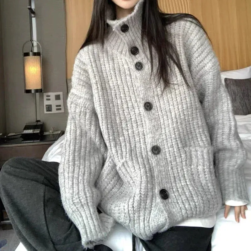 Aiertu Loose Lazy Sweater Women Twist Fashion Knit Autumn Winter Warm Cardigan Harajuku Stand Collar Gray Vintage Female Jumpers