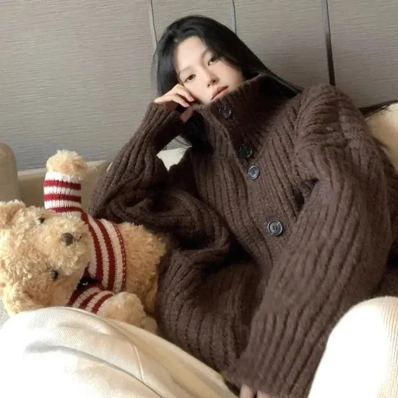 Aiertu Loose Lazy Sweater Women Twist Fashion Knit Autumn Winter Warm Cardigan Harajuku Stand Collar Gray Vintage Female Jumpers