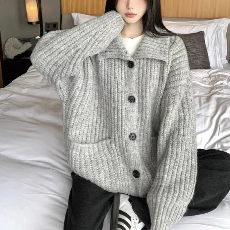 Aiertu Loose Lazy Sweater Women Twist Fashion Knit Autumn Winter Warm Cardigan Harajuku Stand Collar Gray Vintage Female Jumpers
