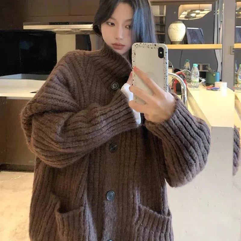 Aiertu Loose Lazy Sweater Women Twist Fashion Knit Autumn Winter Warm Cardigan Harajuku Stand Collar Gray Vintage Female Jumpers