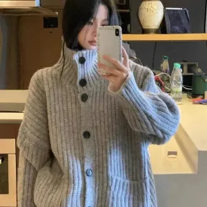 Aiertu Loose Lazy Sweater Women Twist Fashion Knit Autumn Winter Warm Cardigan Harajuku Stand Collar Gray Vintage Female Jumpers