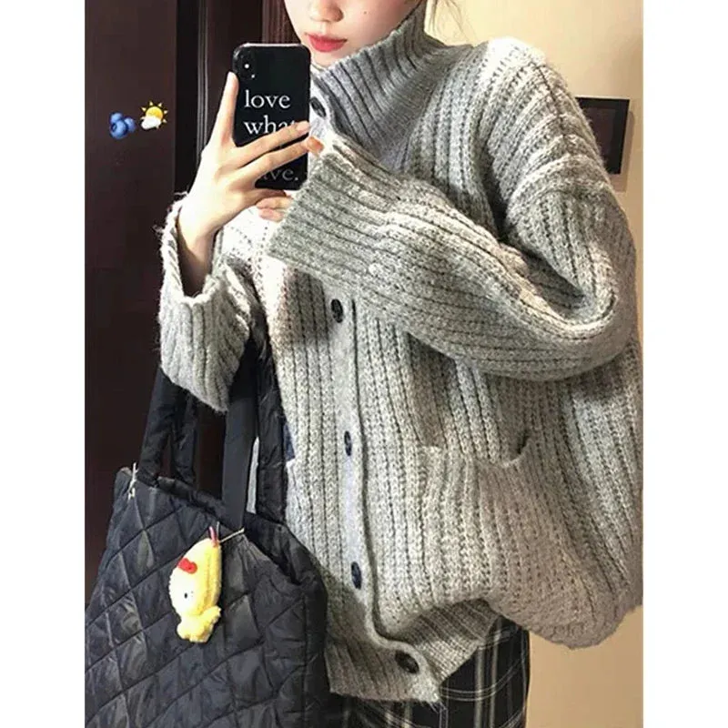 Aiertu Loose Lazy Sweater Women Twist Fashion Knit Autumn Winter Warm Cardigan Harajuku Stand Collar Gray Vintage Female Jumpers