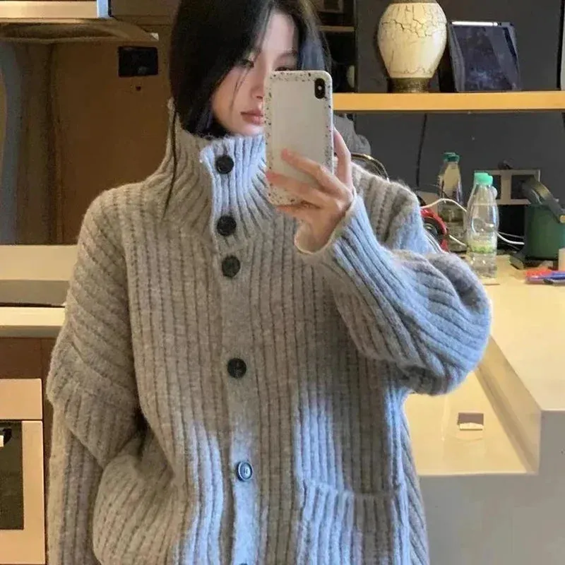 Aiertu Loose Lazy Sweater Women Twist Fashion Knit Autumn Winter Warm Cardigan Harajuku Stand Collar Gray Vintage Female Jumpers