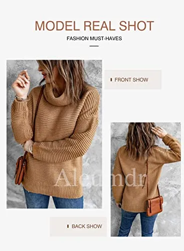 Aleumdr Womens Fashion Warm Turtleneck Long Sleeves Solid Printed Chunky Knit Jumper Pullover Sweater Khaki Small