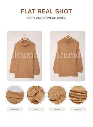 Aleumdr Womens Fashion Warm Turtleneck Long Sleeves Solid Printed Chunky Knit Jumper Pullover Sweater Khaki Small