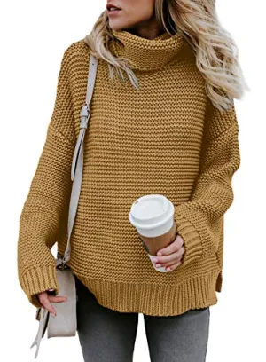 Aleumdr Womens Fashion Warm Turtleneck Long Sleeves Solid Printed Chunky Knit Jumper Pullover Sweater Khaki Small