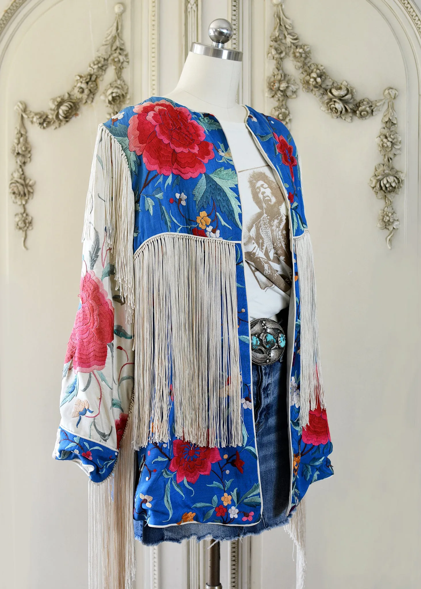 Annie Antique Hand Embroidered Silk Fringe 3/4 Length Jacket - Blue & Creme