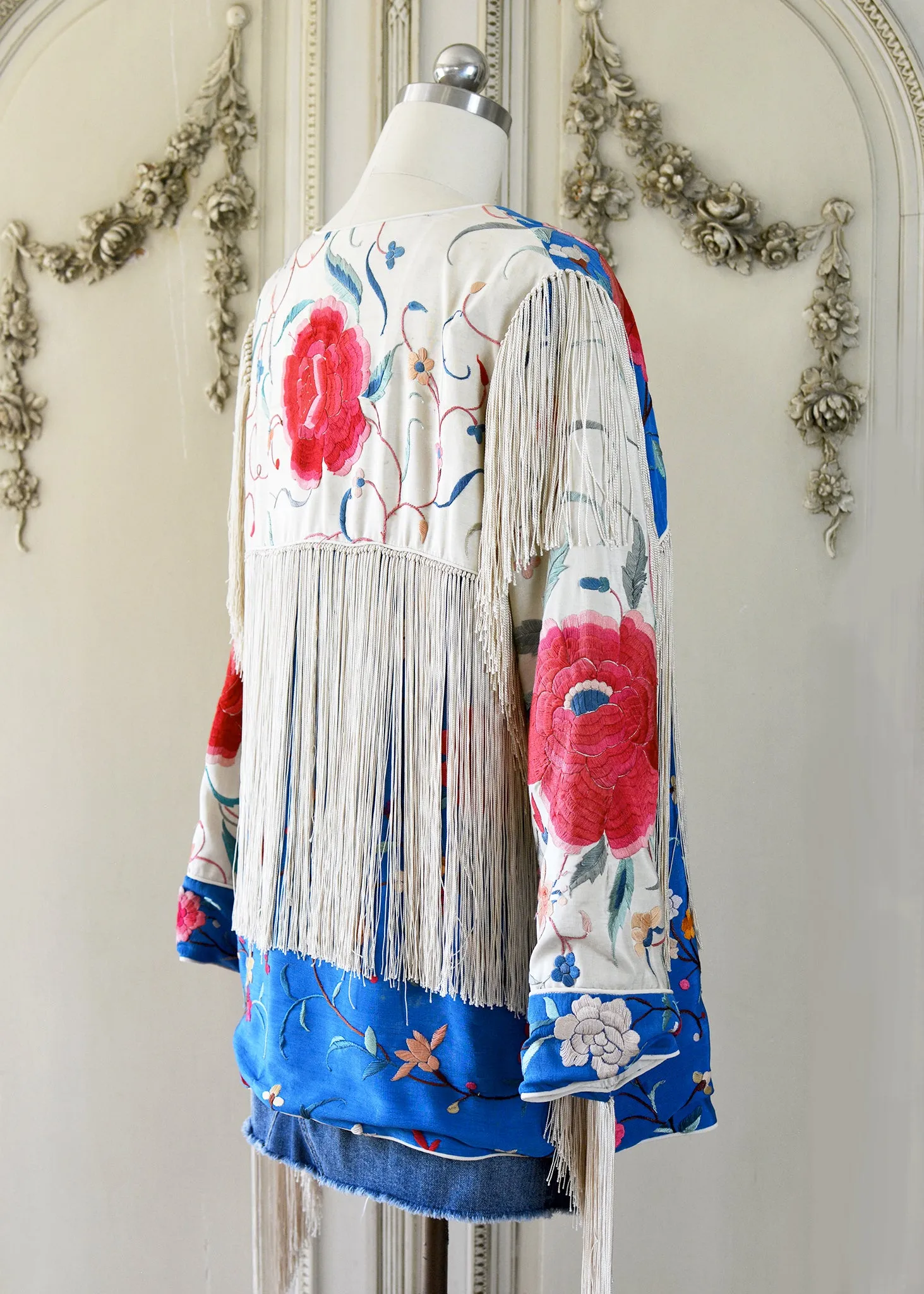 Annie Antique Hand Embroidered Silk Fringe 3/4 Length Jacket - Blue & Creme