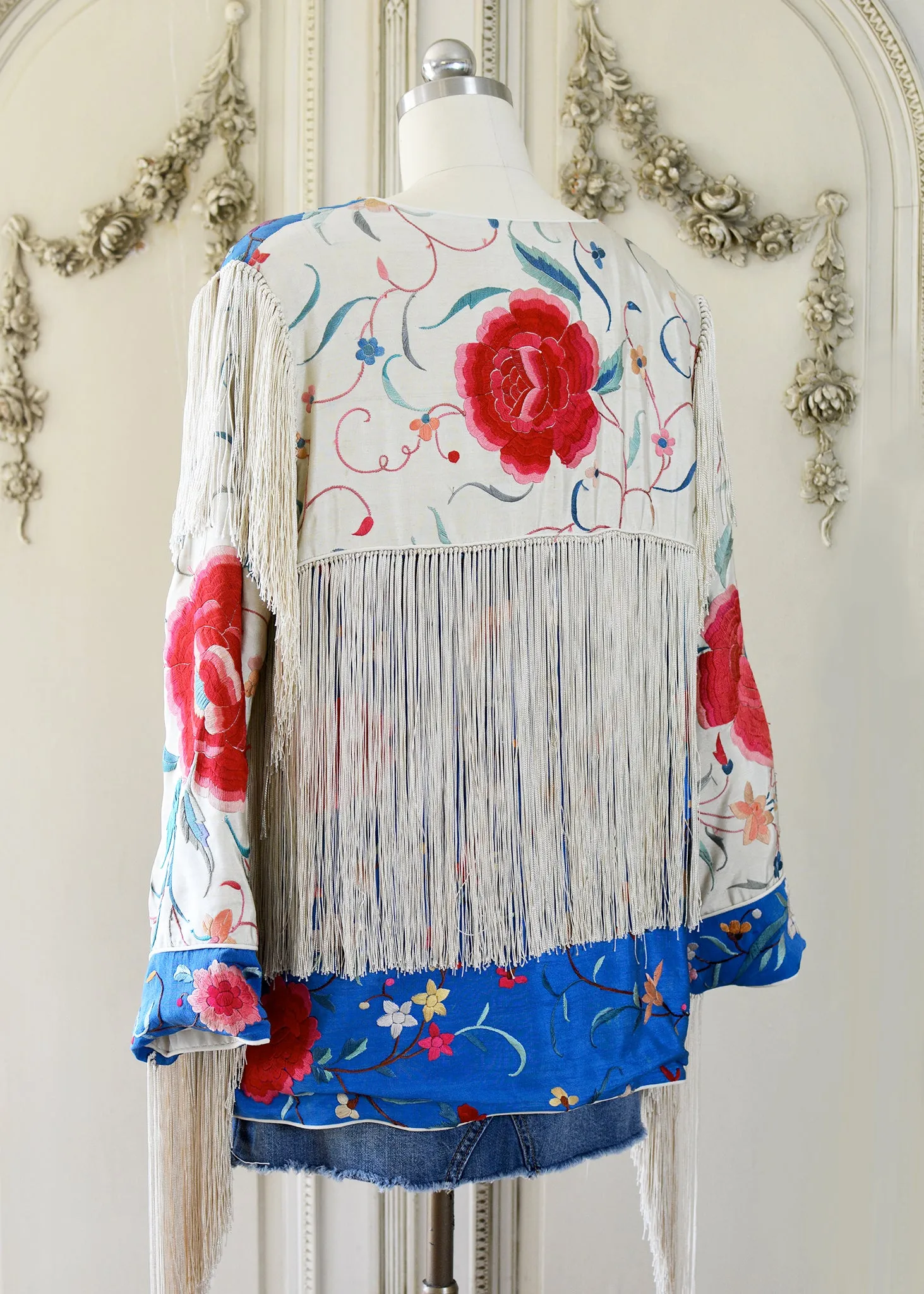 Annie Antique Hand Embroidered Silk Fringe 3/4 Length Jacket - Blue & Creme