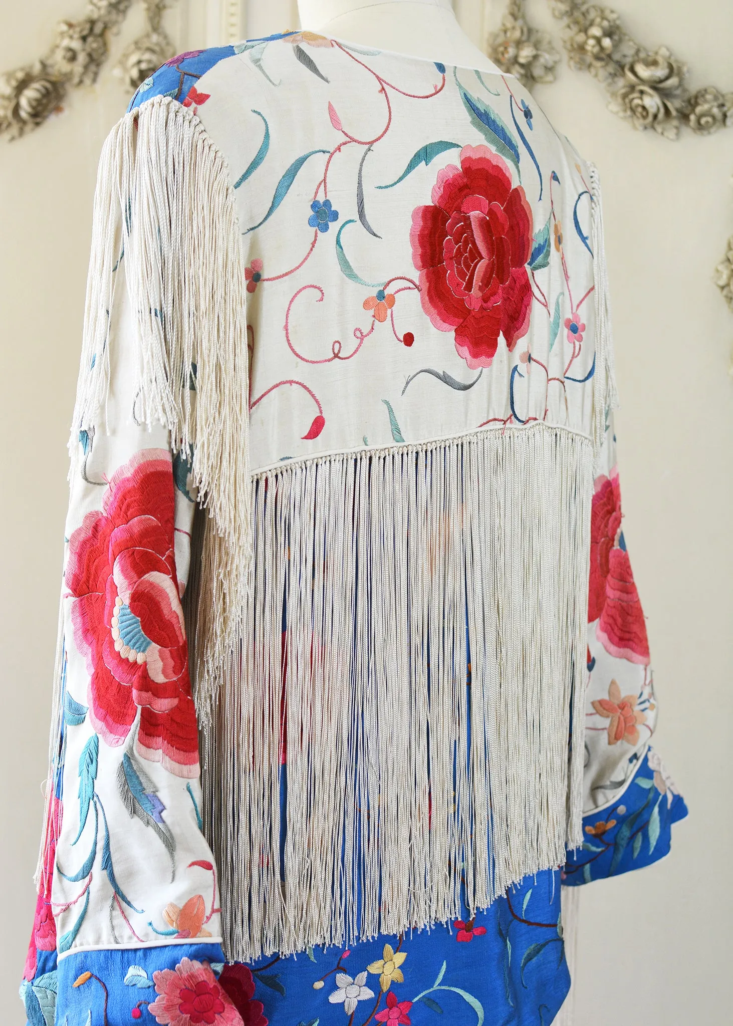 Annie Antique Hand Embroidered Silk Fringe 3/4 Length Jacket - Blue & Creme