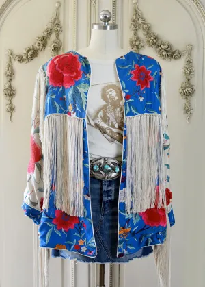 Annie Antique Hand Embroidered Silk Fringe 3/4 Length Jacket - Blue & Creme