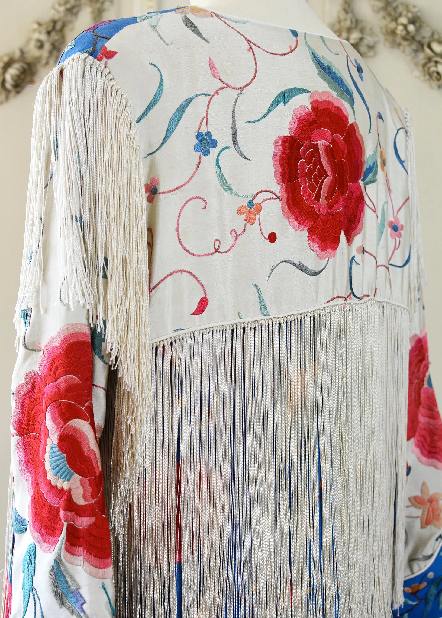 Annie Antique Hand Embroidered Silk Fringe 3/4 Length Jacket - Blue & Creme
