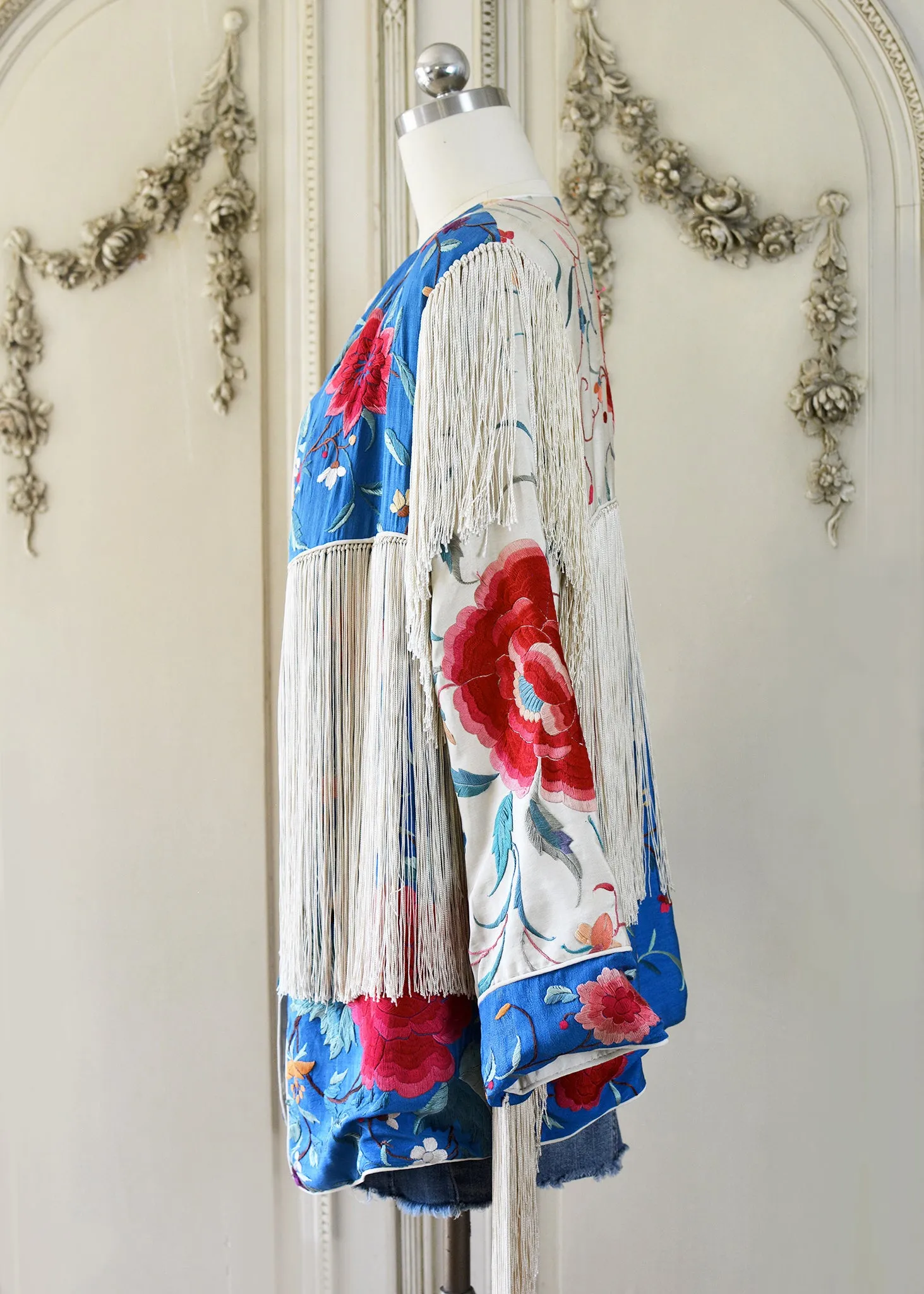Annie Antique Hand Embroidered Silk Fringe 3/4 Length Jacket - Blue & Creme
