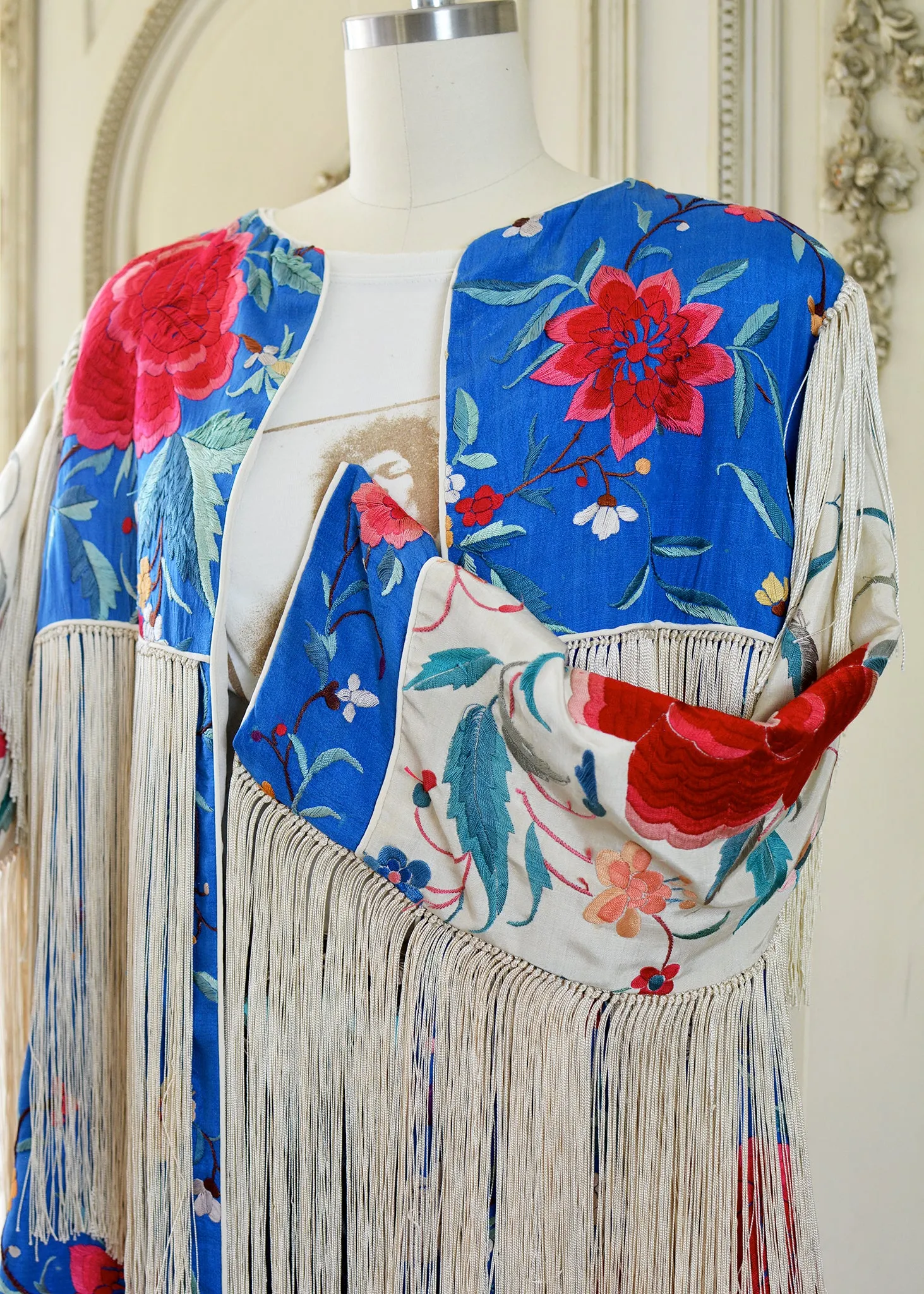 Annie Antique Hand Embroidered Silk Fringe 3/4 Length Jacket - Blue & Creme