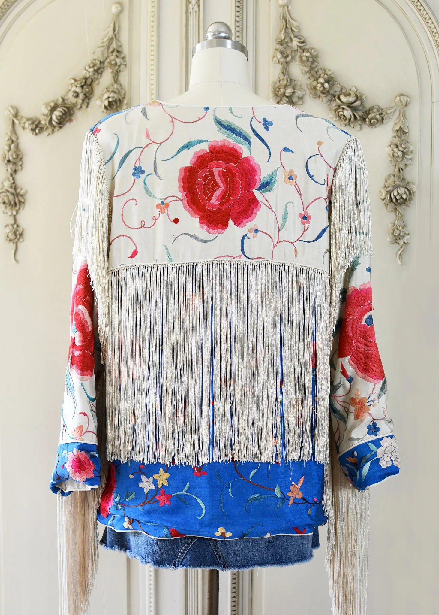 Annie Antique Hand Embroidered Silk Fringe 3/4 Length Jacket - Blue & Creme