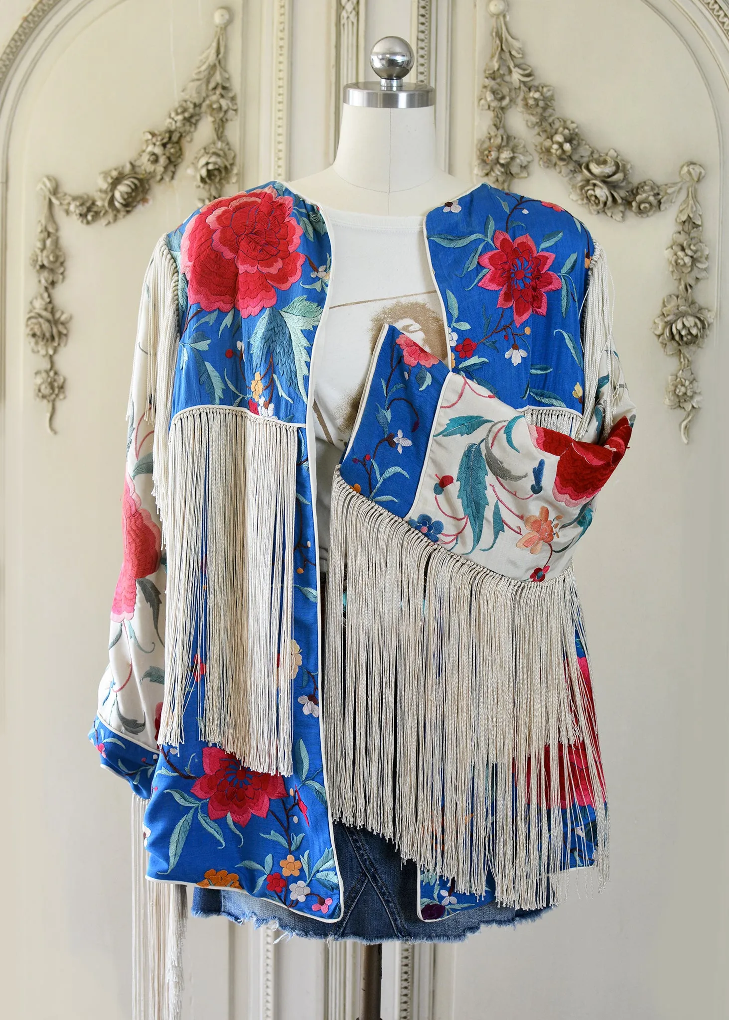 Annie Antique Hand Embroidered Silk Fringe 3/4 Length Jacket - Blue & Creme