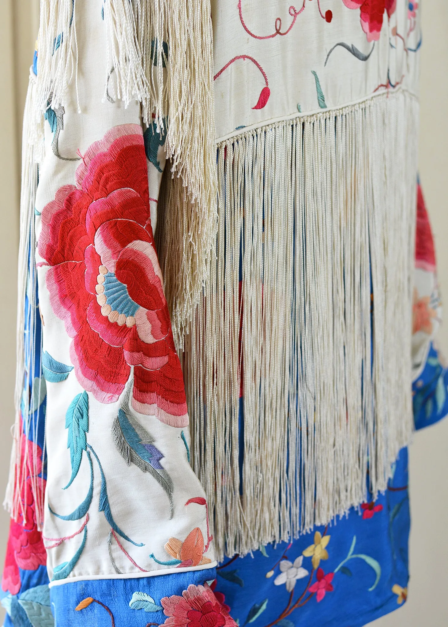 Annie Antique Hand Embroidered Silk Fringe 3/4 Length Jacket - Blue & Creme