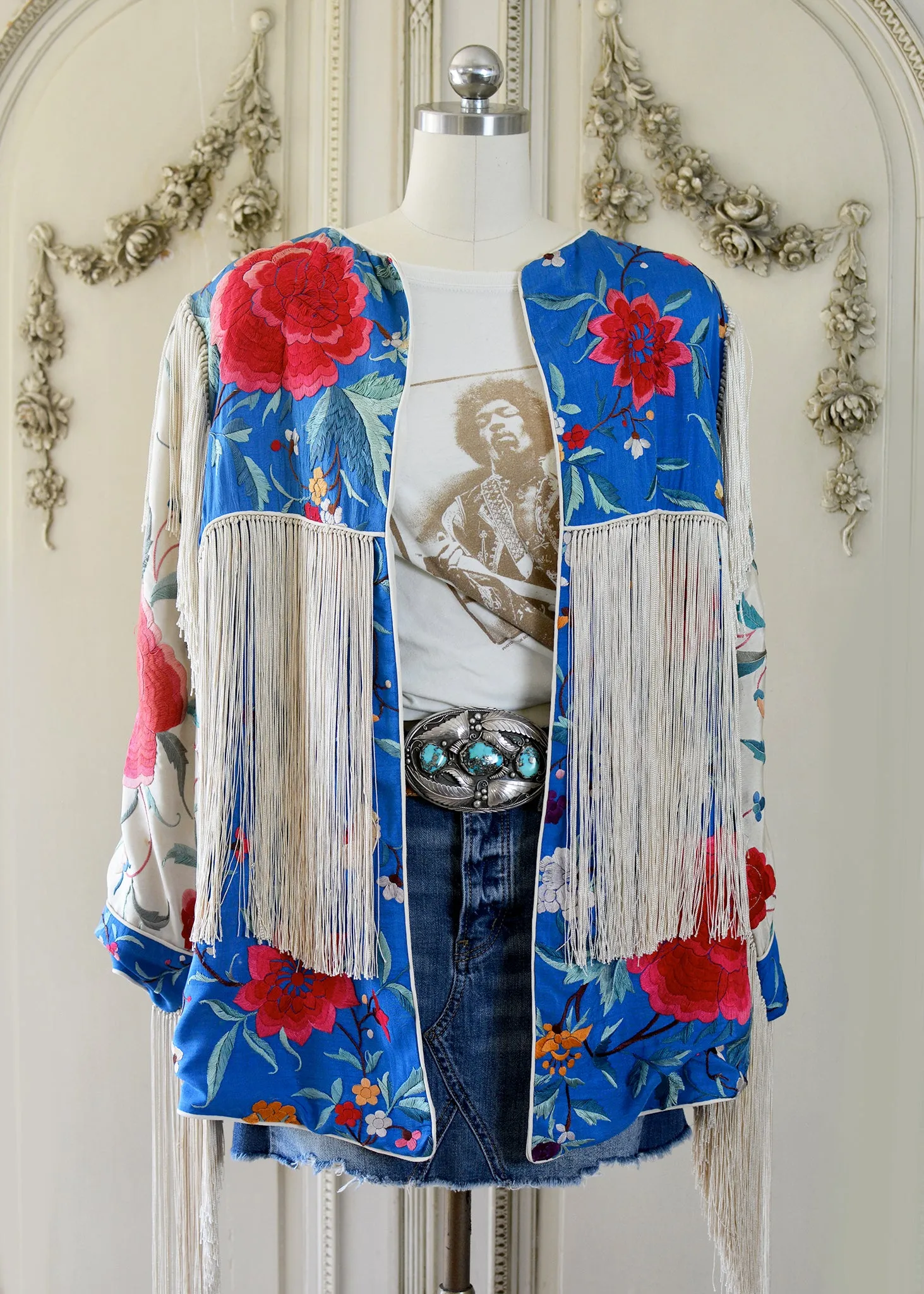 Annie Antique Hand Embroidered Silk Fringe 3/4 Length Jacket - Blue & Creme
