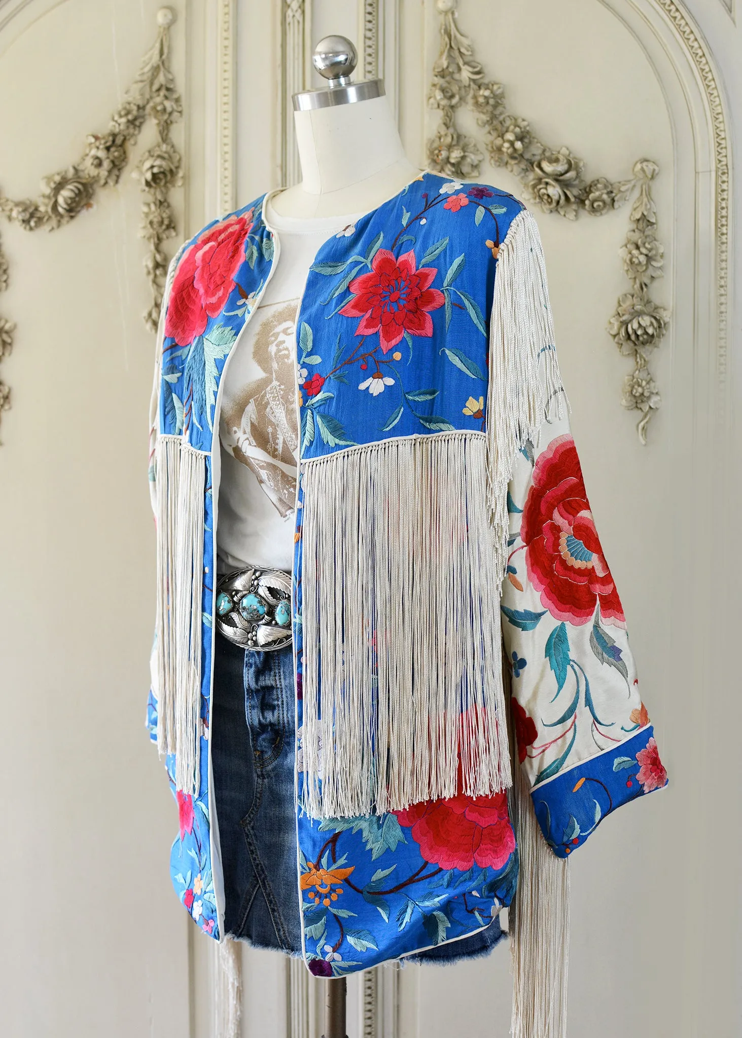 Annie Antique Hand Embroidered Silk Fringe 3/4 Length Jacket - Blue & Creme