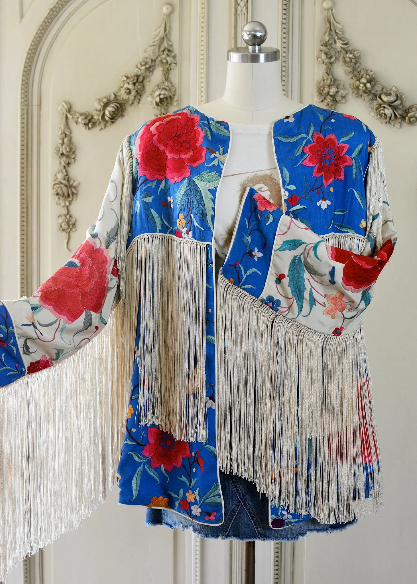 Annie Antique Hand Embroidered Silk Fringe 3/4 Length Jacket - Blue & Creme
