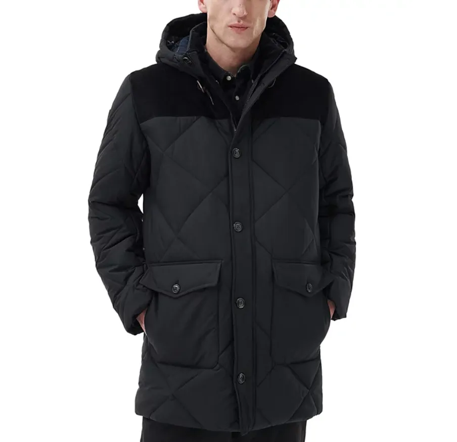 Barbour Men's Elmwood Box Quilted Hooded Full Zip Parka Coat Black Small