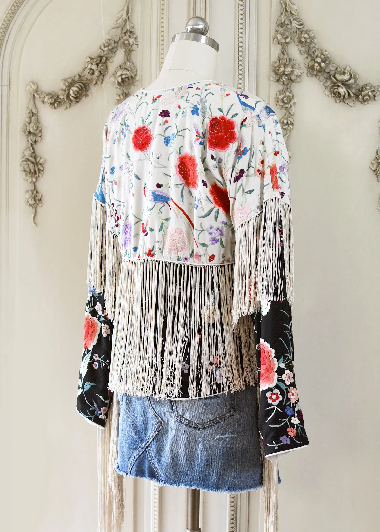 Cate Hand Embroidered Antique Silk Crepe Jacket Fringe Jacket Black & Creme