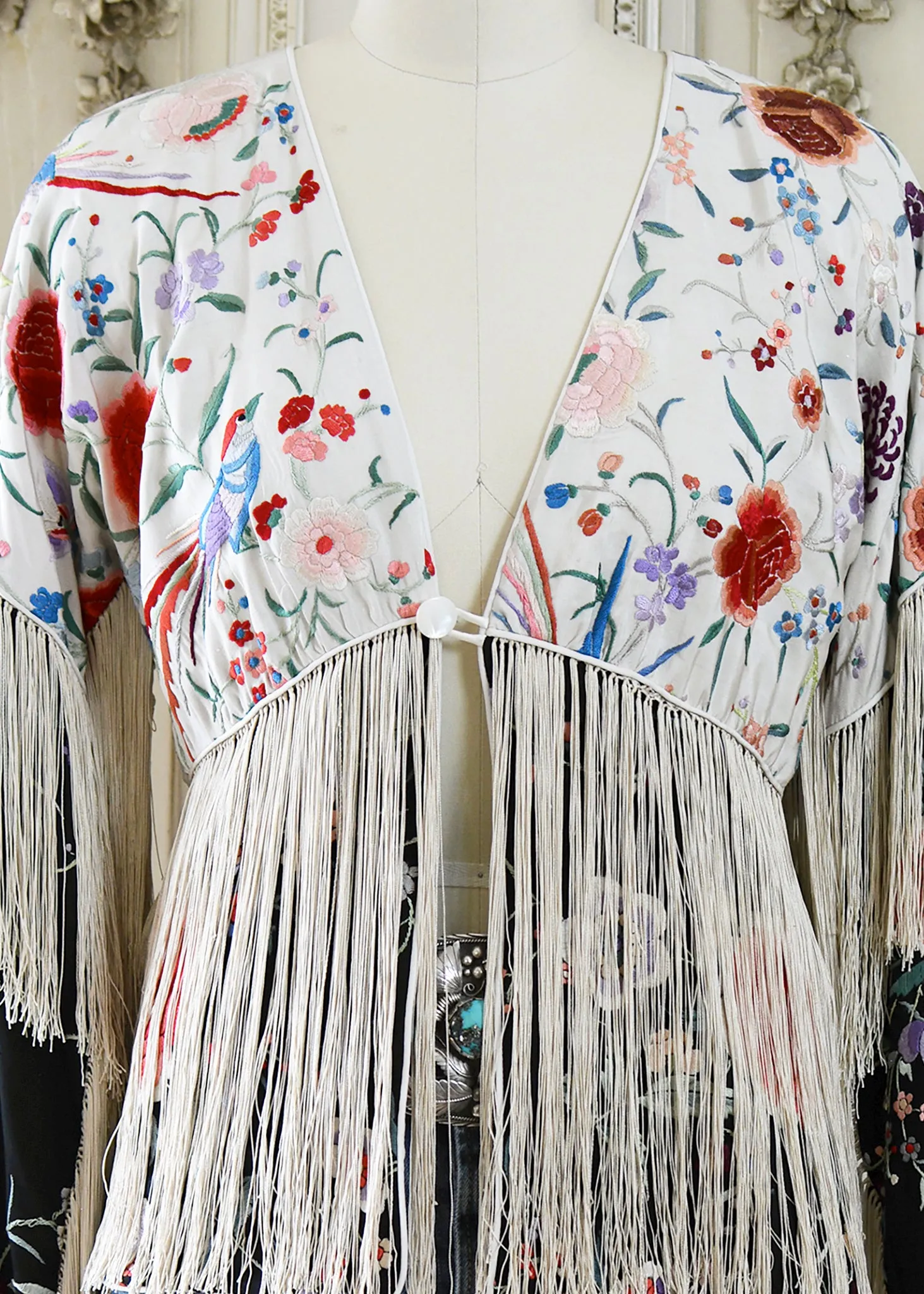 Cate Hand Embroidered Antique Silk Crepe Jacket Fringe Jacket Black & Creme