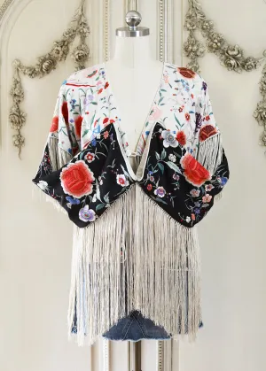 Cate Hand Embroidered Antique Silk Crepe Jacket Fringe Jacket Black & Creme