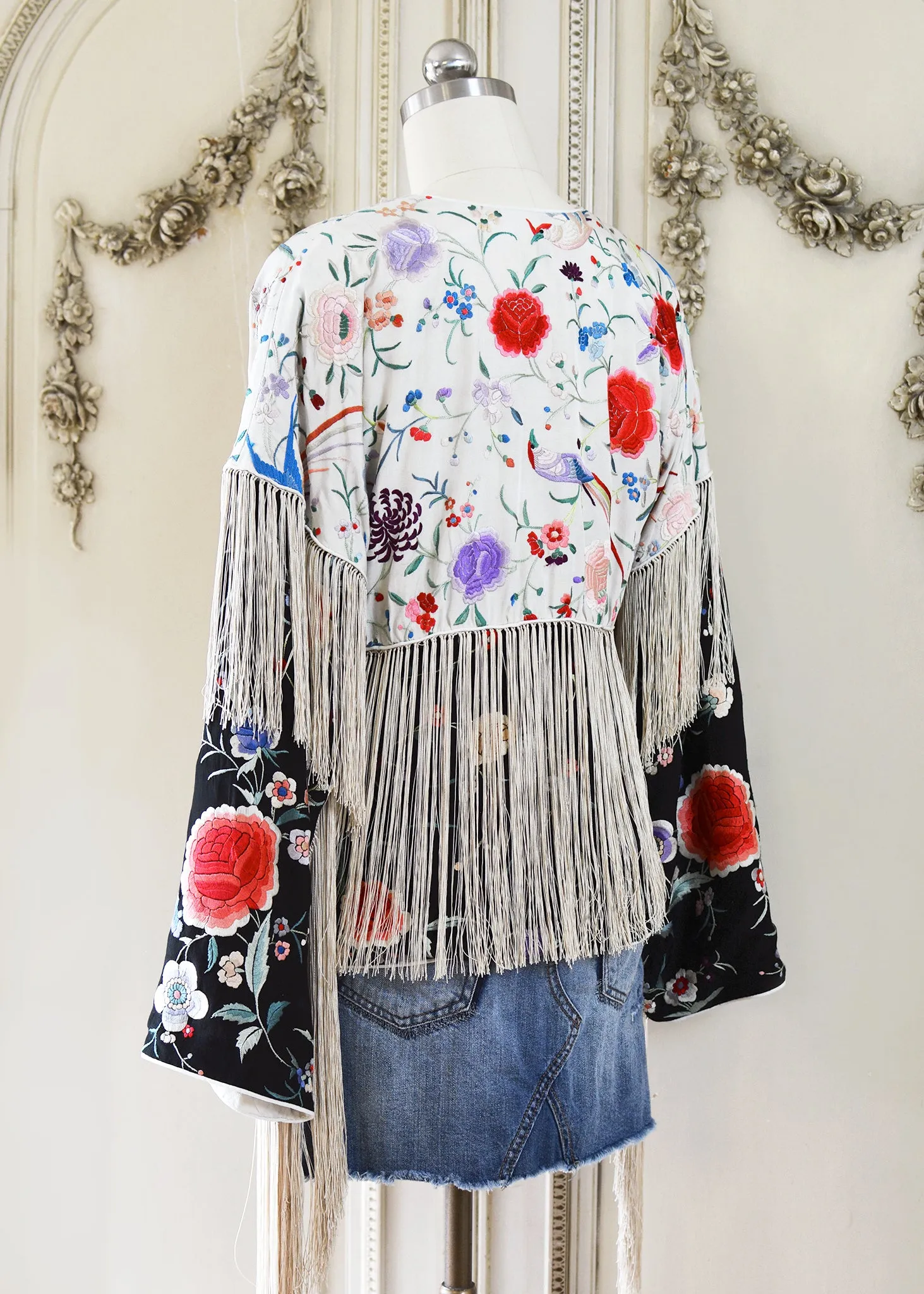 Cate Hand Embroidered Antique Silk Crepe Jacket Fringe Jacket Black & Creme