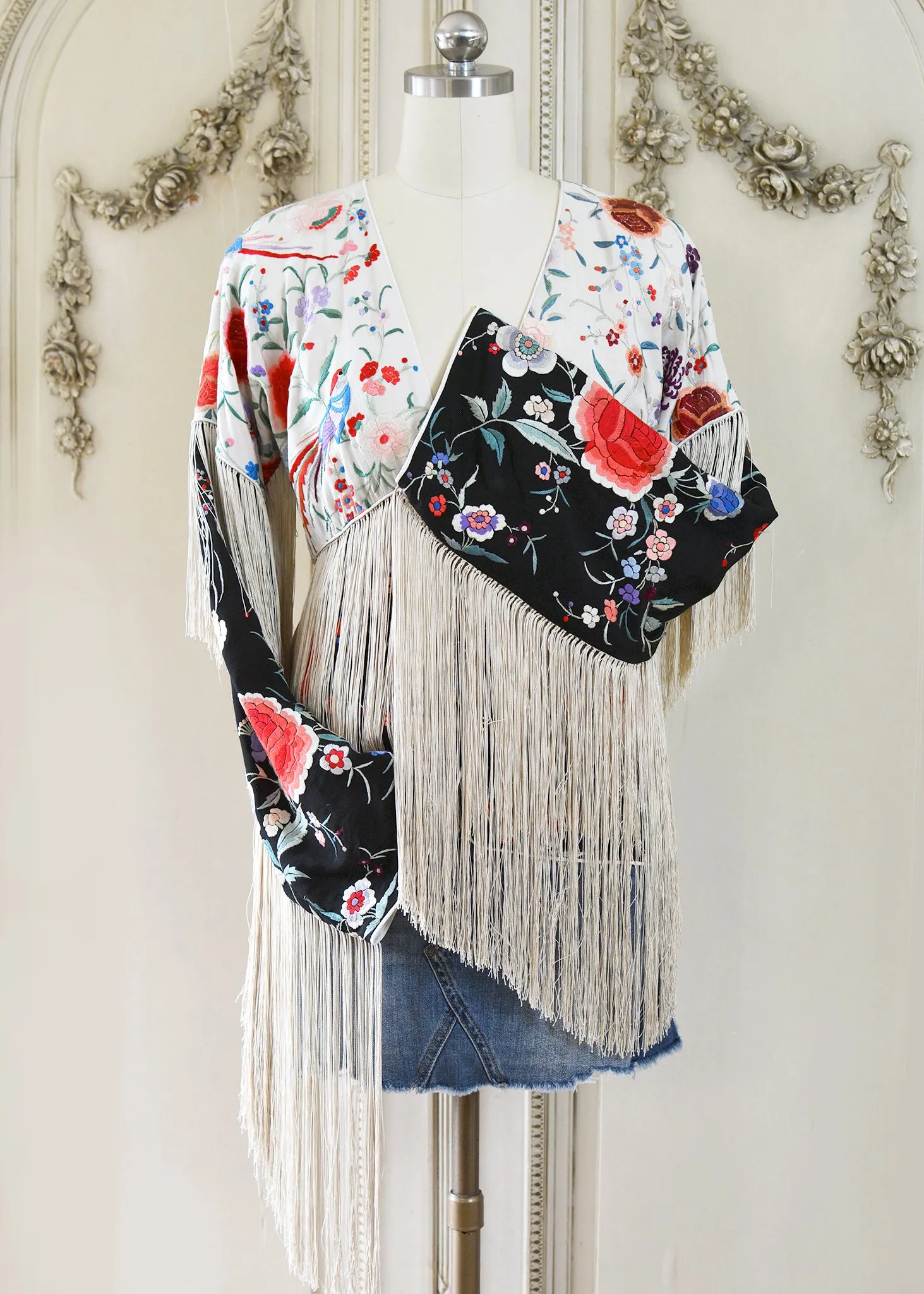 Cate Hand Embroidered Antique Silk Crepe Jacket Fringe Jacket Black & Creme