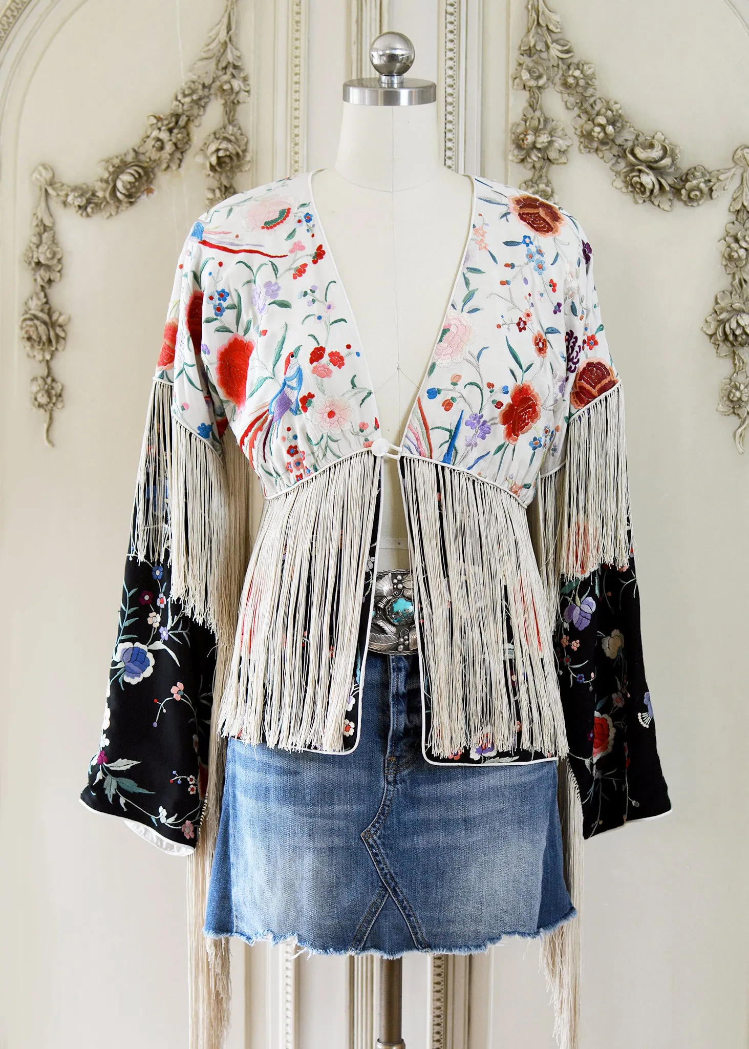 Cate Hand Embroidered Antique Silk Crepe Jacket Fringe Jacket Black & Creme