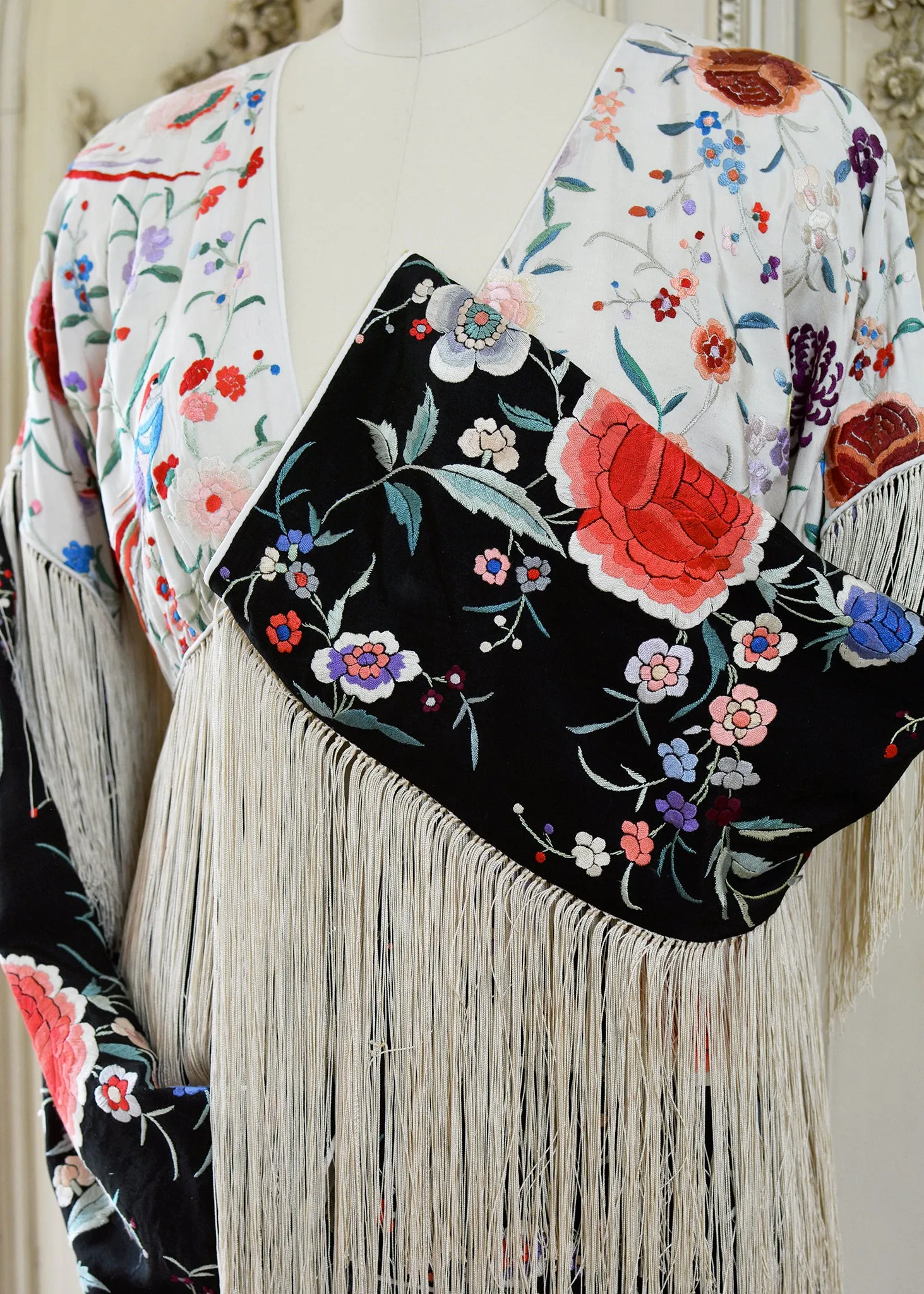 Cate Hand Embroidered Antique Silk Crepe Jacket Fringe Jacket Black & Creme