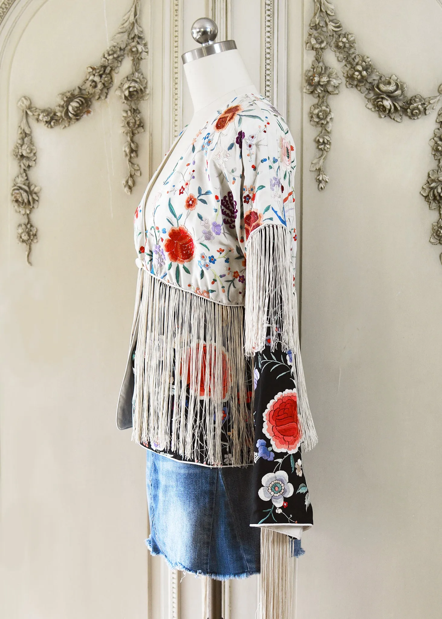 Cate Hand Embroidered Antique Silk Crepe Jacket Fringe Jacket Black & Creme