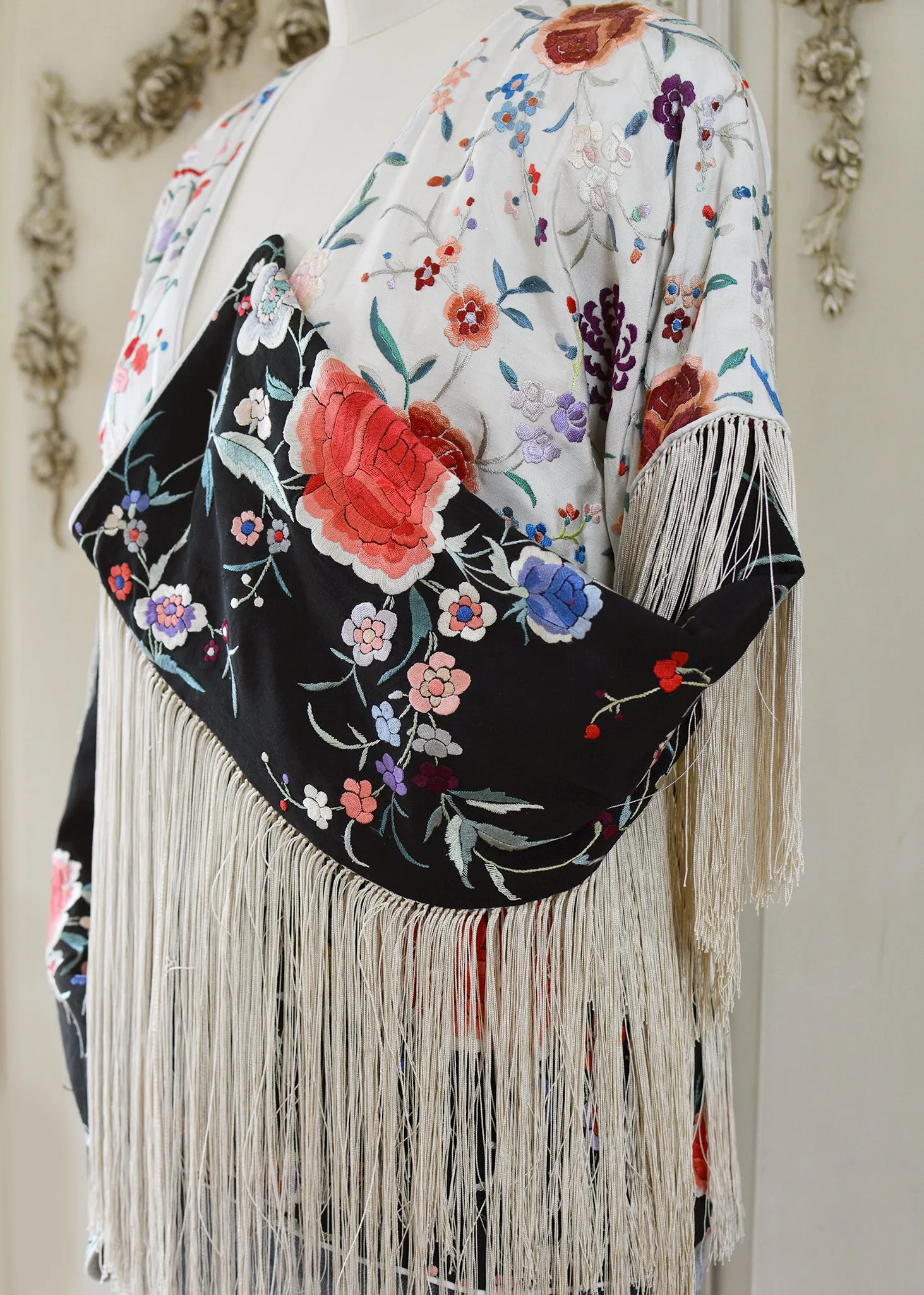 Cate Hand Embroidered Antique Silk Crepe Jacket Fringe Jacket Black & Creme