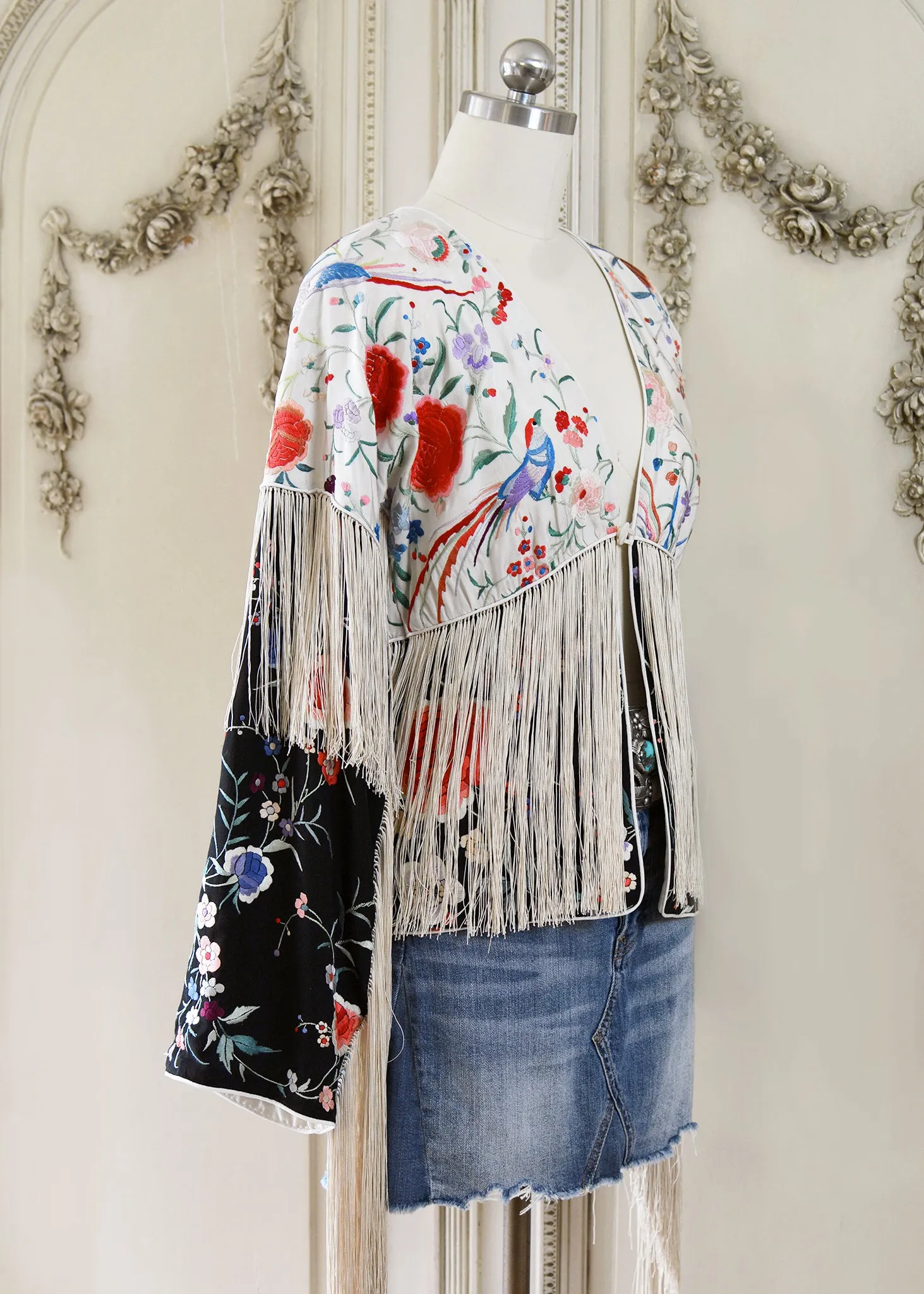 Cate Hand Embroidered Antique Silk Crepe Jacket Fringe Jacket Black & Creme