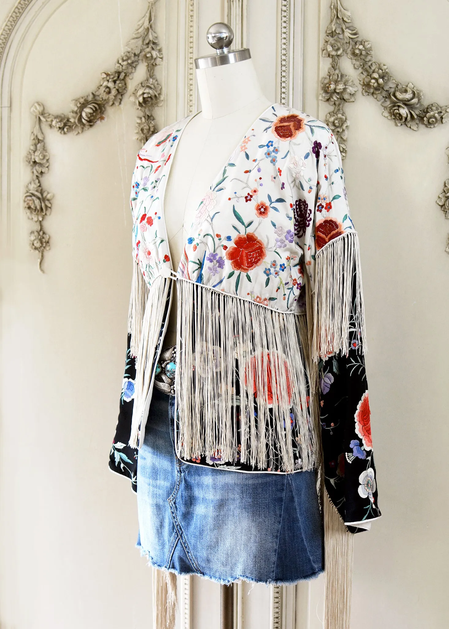 Cate Hand Embroidered Antique Silk Crepe Jacket Fringe Jacket Black & Creme