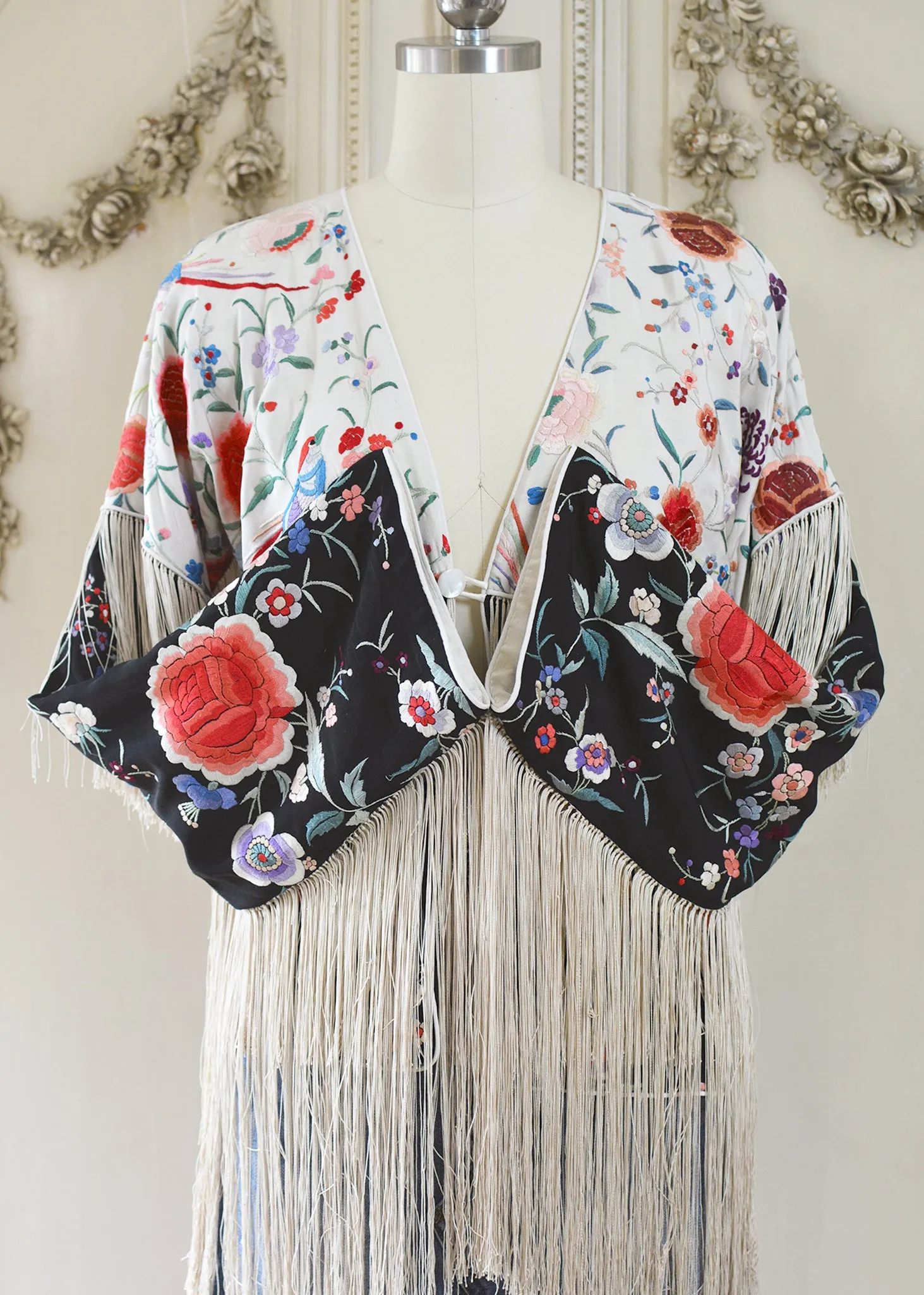 Cate Hand Embroidered Antique Silk Crepe Jacket Fringe Jacket Black & Creme