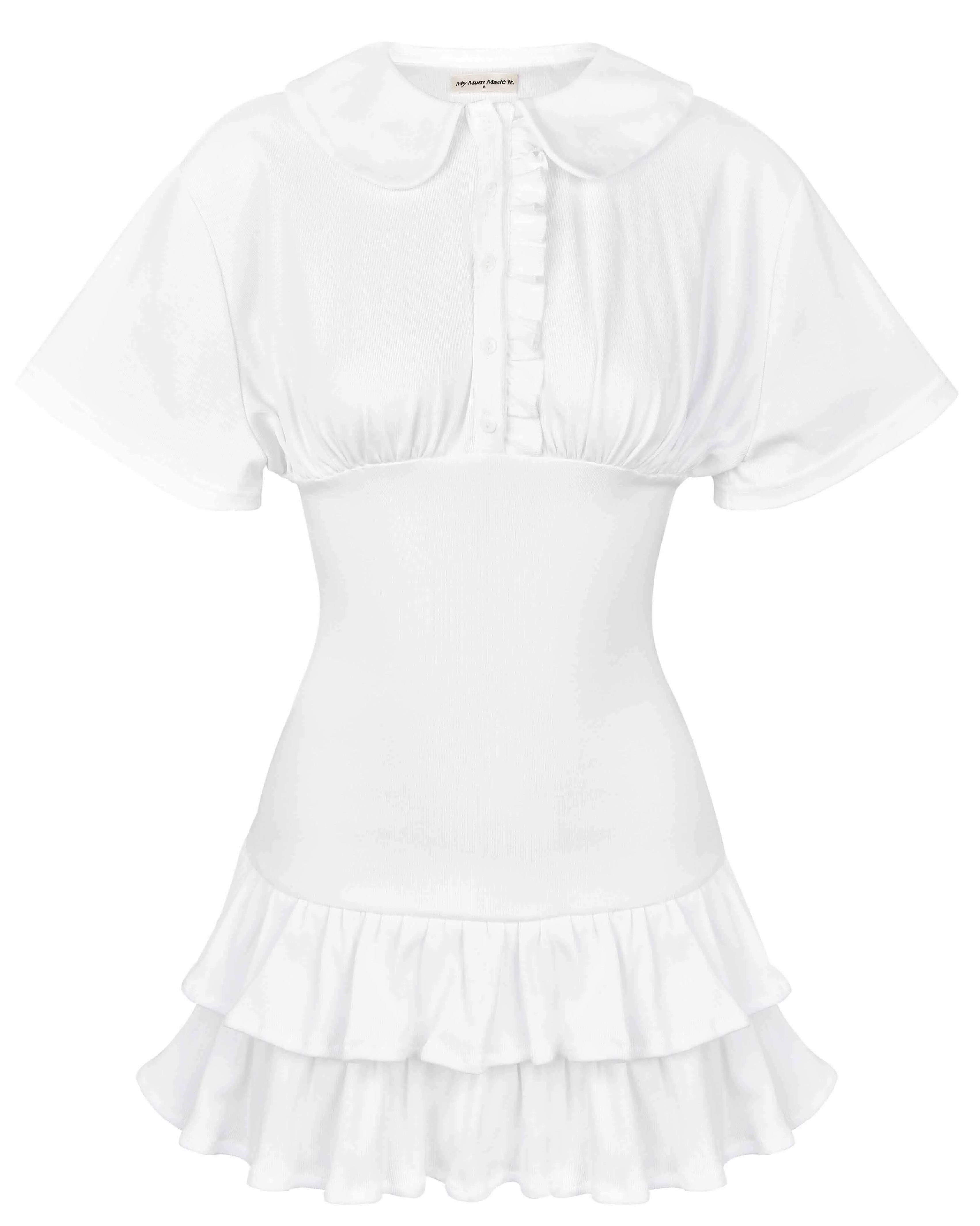 Collar Fitted Frill Dress - White