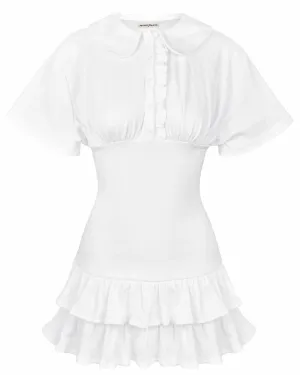 Collar Fitted Frill Dress - White