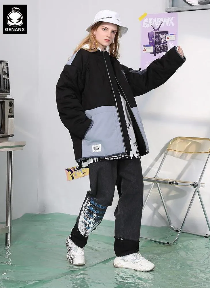 Color Block Stitched Quilted Baseball Collar Padded Coat