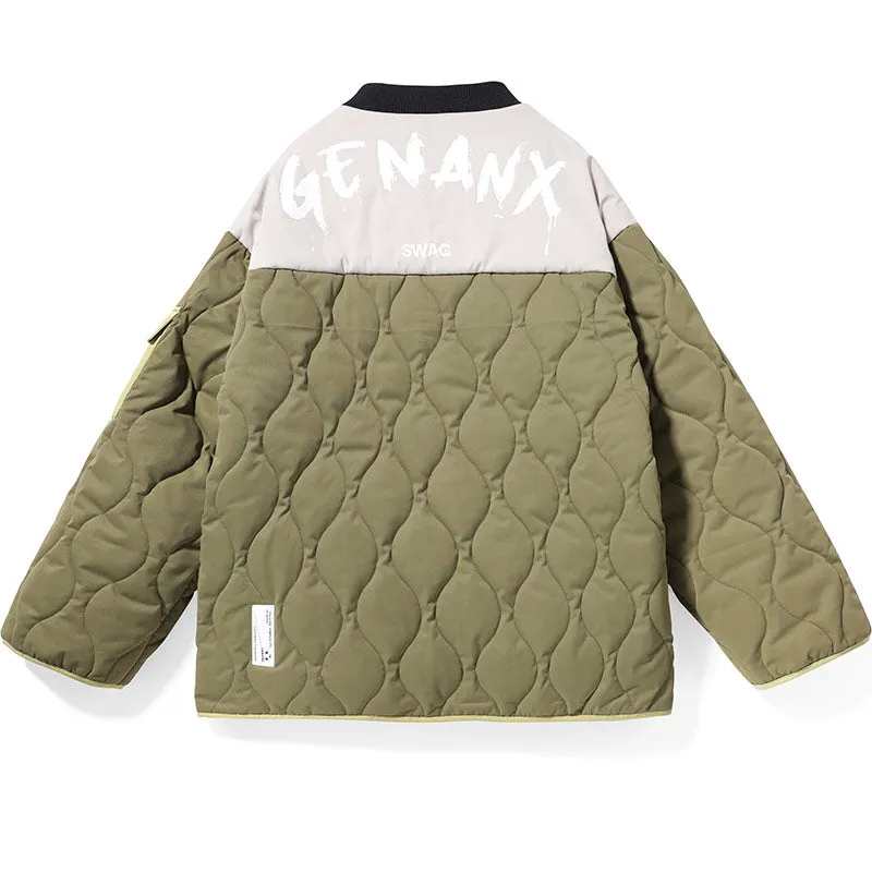 Color Block Stitched Quilted Baseball Collar Padded Coat