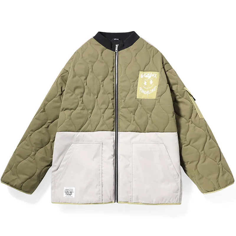 Color Block Stitched Quilted Baseball Collar Padded Coat