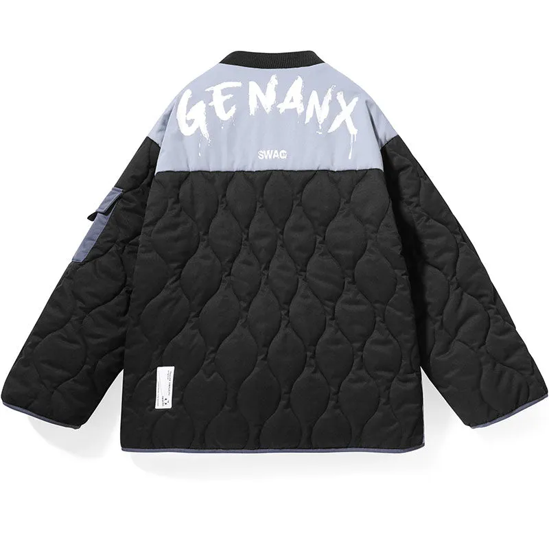 Color Block Stitched Quilted Baseball Collar Padded Coat