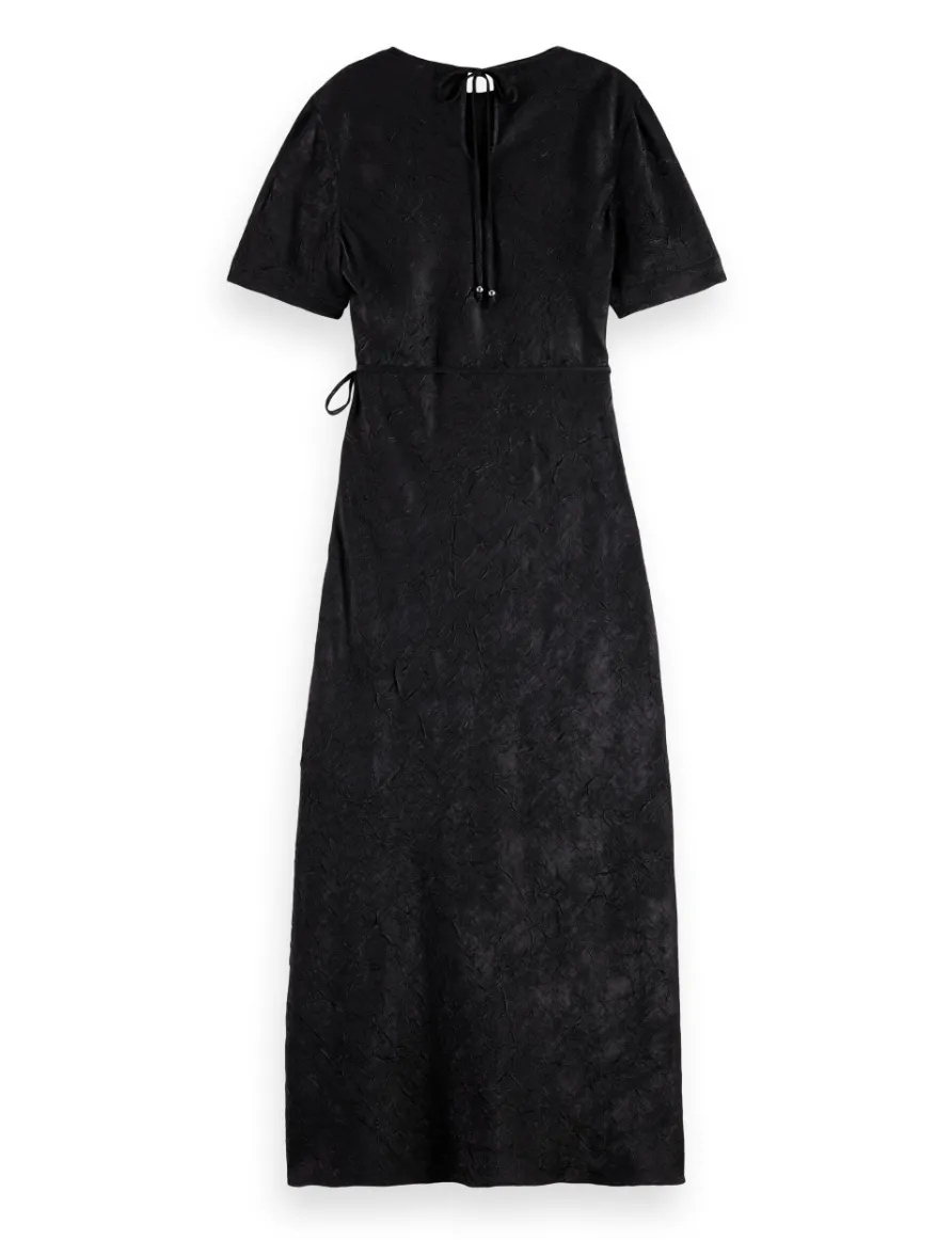 Crushed Satin Wrap Dress - Black